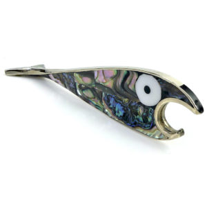 Décapsuleur poisson en argent marqueté de nacre d’ormeau Mexique (3/4)
