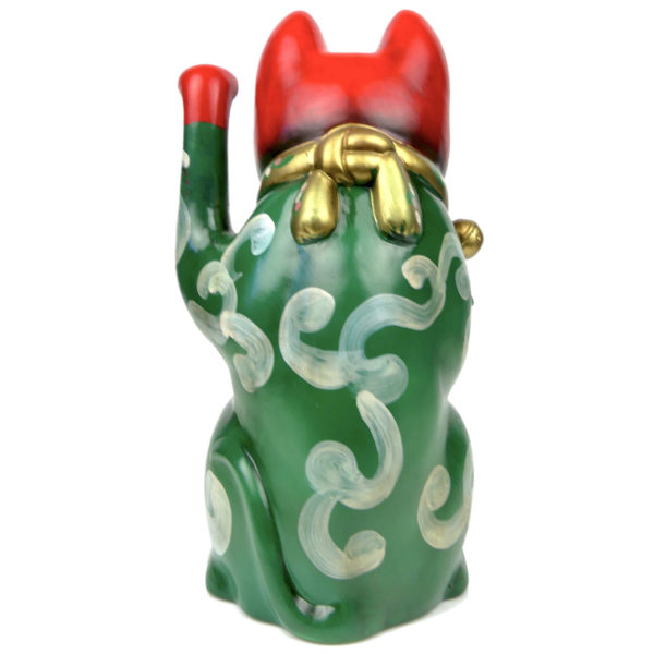Maneki-neko patte gauche levée Chat porte-bonheur ancien en céramique Japon Shōwa (dos)