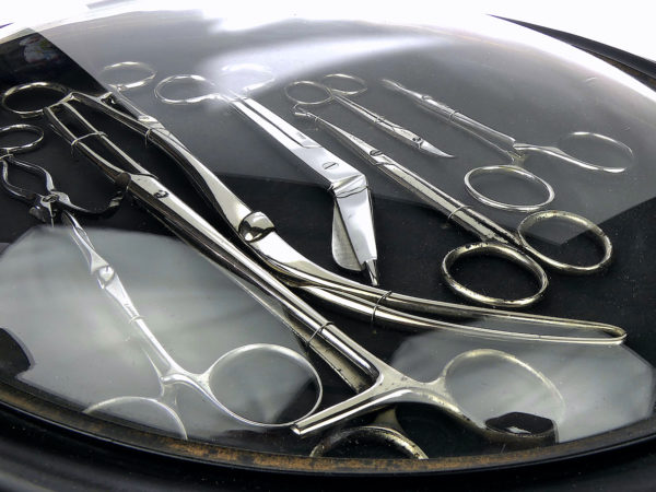 Sept outils médicaux ciseaux et pinces sous verre bombé et cadre ovale XIXe (détail)