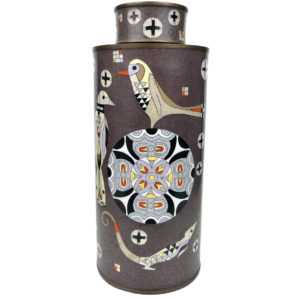 Pot à thé lézards et oiseaux en cloisonné brun Fabienne Jouvin Paris (face)