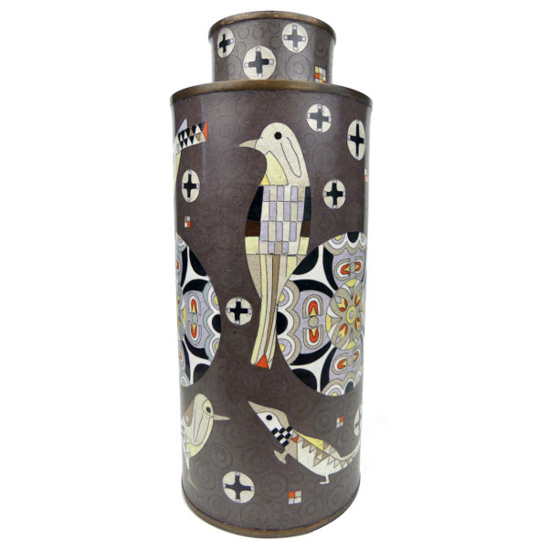 Pot à thé lézards et oiseaux en cloisonné brun Fabienne Jouvin Paris (face)