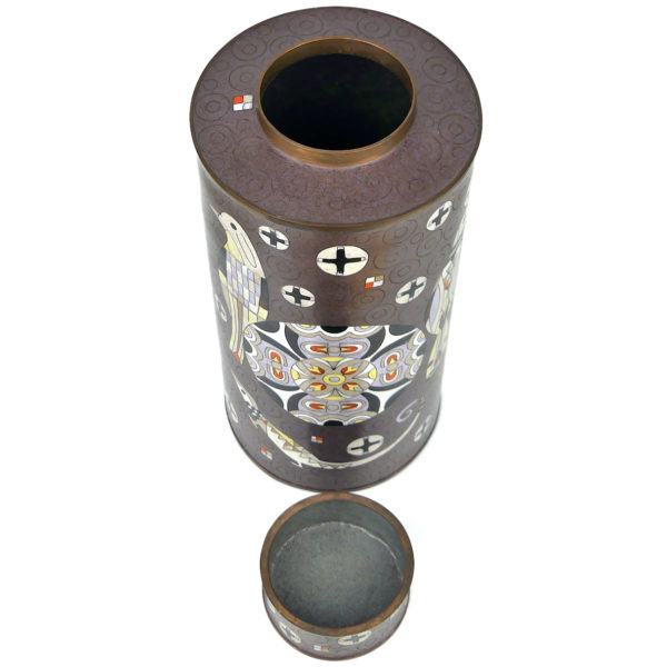 Pot à thé lézards et oiseaux en cloisonné brun Fabienne Jouvin Paris (dessus 3/4 ouvert)