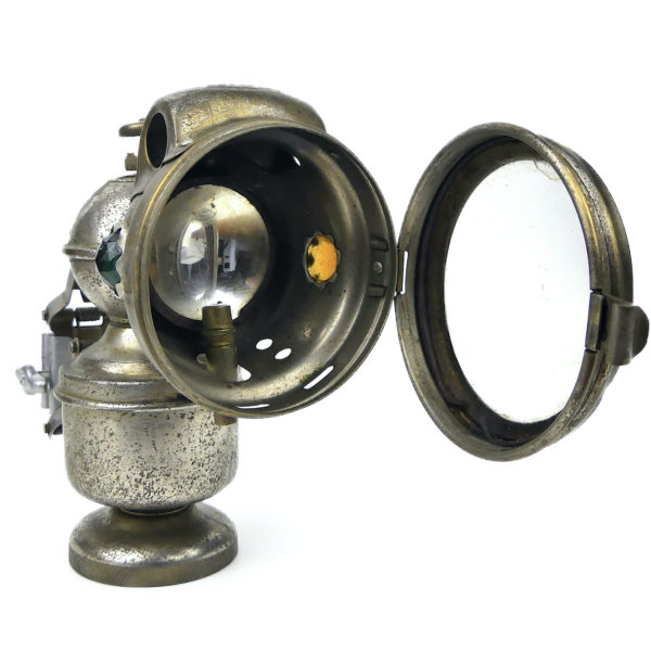 Lampe à carbure acétylène ancienne LUXOR en laiton nickelé pour bicyclette (ouvert)